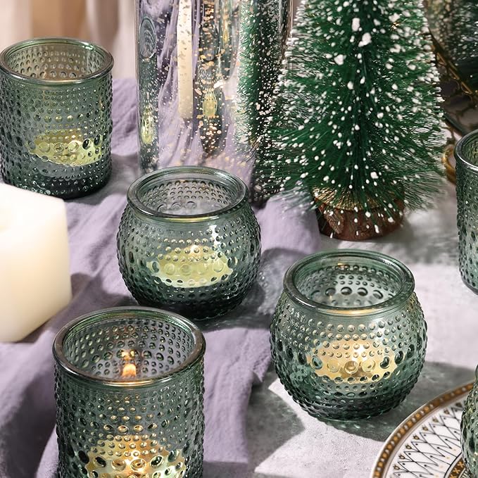16 Pcs Assorted Green Votive Candle Holders- Glass Tealight Candle Holder for Wedding Table Decor, Green Candle Holders for Christmas, Vintage Party Table Decor