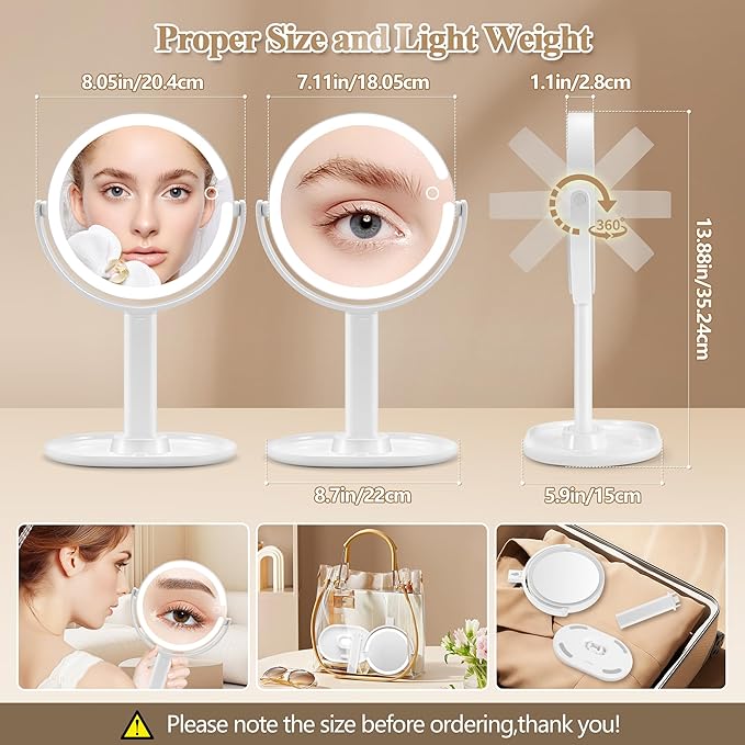 Makeup Mirror with Lights, Double Sided 1x/20x Magnifying Mirror with Light, Rechargeable 3 Color Lights and Adjustable Brightness, 360° Rotation Detachable Comes with Tweezer(White)