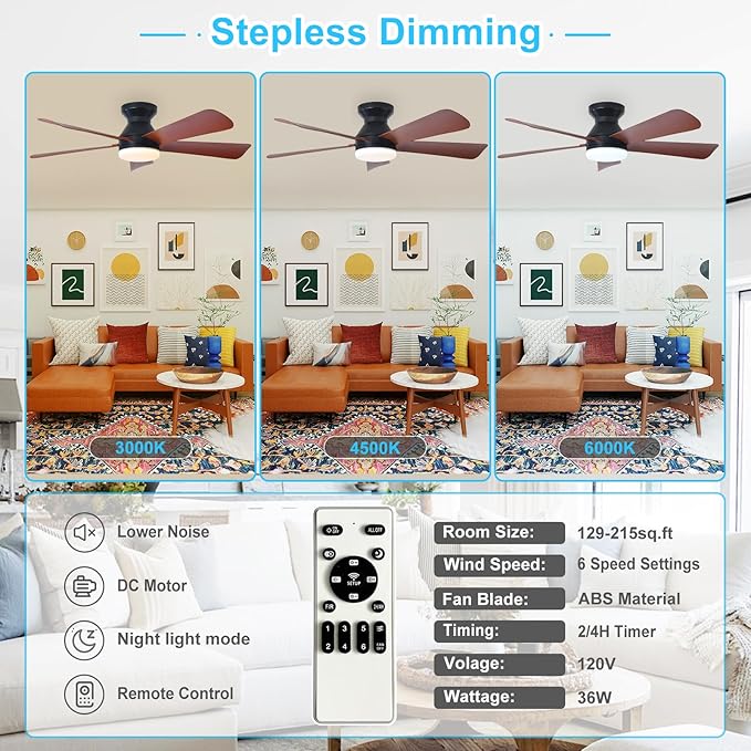 DINGLILIGHTING Ceiling Fans with Lights for Bedroom: 42 Inch Walnut Low Profile Ceiling Fan with Light and Remote Indoor Outdoor