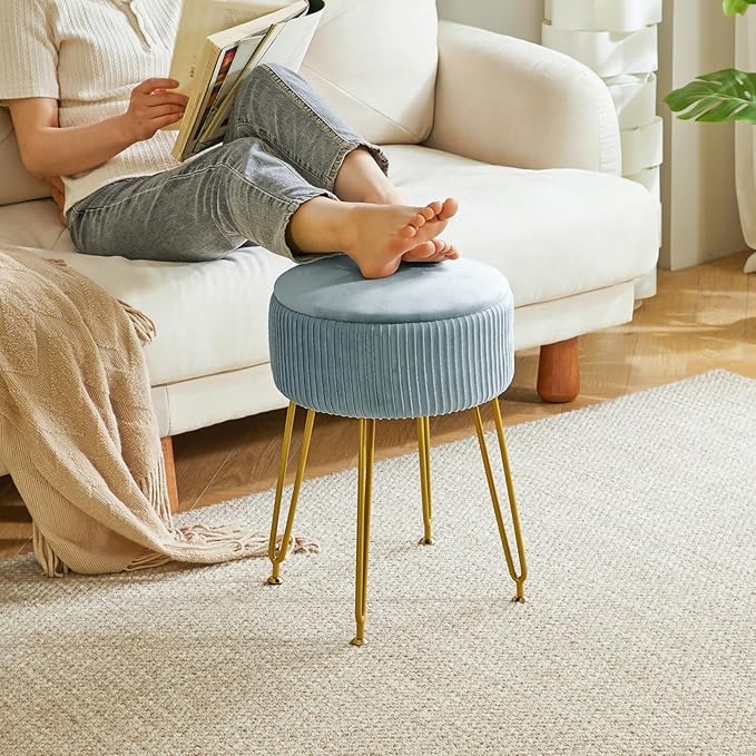 IBUYKE Velvet Storage Footrest Stool Ottoman, Makeup Vanity Stool Side Table with Golden Steel Legs Removable Cover, Coffee Table Top Cover, Blue LG-20H