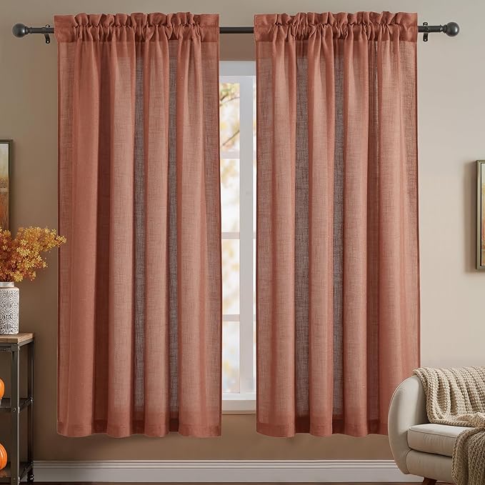 RYB HOME Curtains 63 inch Length, Semi Sheer Linen Blend Light Filtering Shades UV Protection Window Panels Drapes for Farmhouse, Living Room, Study, Home Office, 52 Wide x 63 inch Long, Terracotta