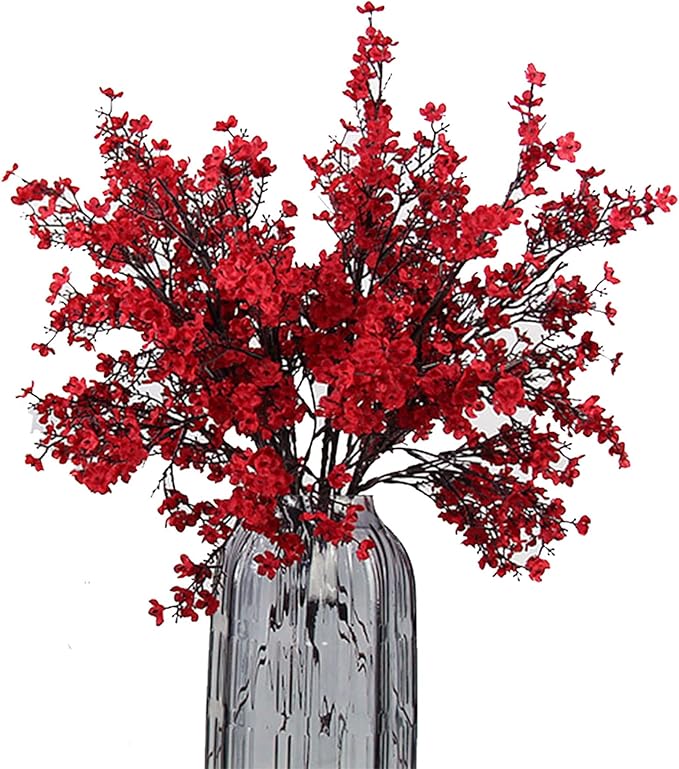 JAKY-Global 20pcs Babys Breath Artificial Flowers Gypsophila Bouquet Bulk Fake Spring Silk Small Flowers Real Touch Faux Floral for Home Bedroom Kitchen Garden Wedding Christmas Party DIY Decor (Red)
