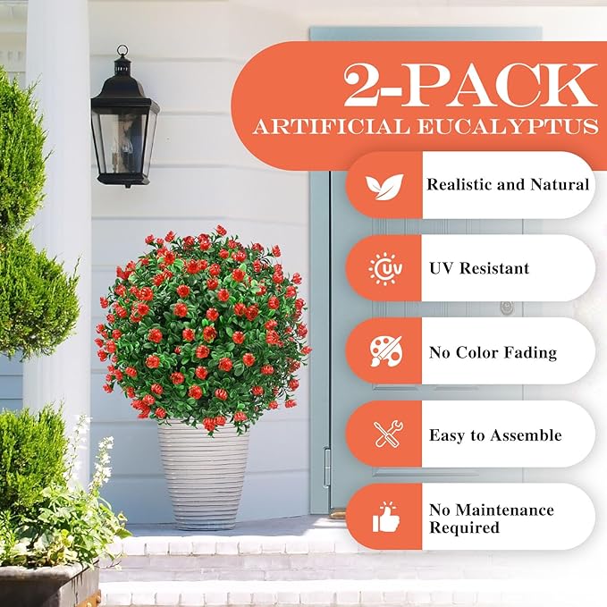 24" Artificial Topiary Boxwood Ball Tree with Ground Spike, Set of 2, UV Resistant Outside Fake Bushes Plants, Faux Cedar Balls Faux Shrubs Plastic Plants for Outdoor Indoor Front Porch Garden Decor
