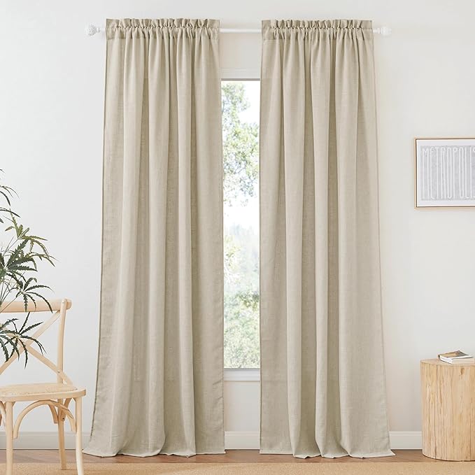 RYB HOME Semi Sheer Curtains 84 incehs, Rod Pocket for Living Room Bedroom Office Dining, Beige, W 52 x L 84, 2 Panels