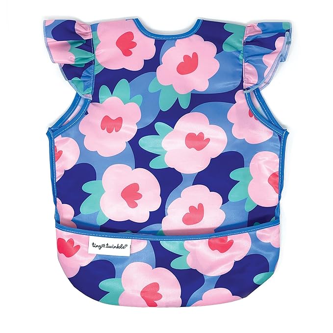 Tiny Twinkle Mess Proof Baby Bib - Waterproof & Lightweight Baby-Led Weaning Apron | 100% Recycled Polyester, Easy Clean & Machine Washable (Floral Blue, Small 6-24 Months)
