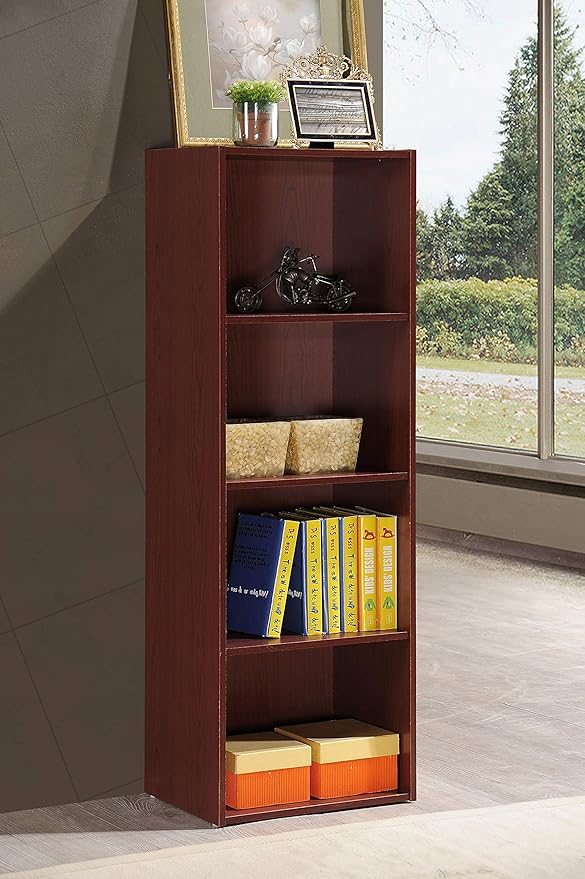 HODEDAH IMPORT 4-Shelf Bookcase Cabinet, Mahogany
