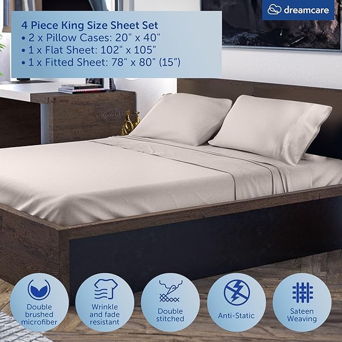 DREAMCARE King Size Sheets Set - Cooling Bed Sheets - 4pcs Set - up to 15" Deep Pocket King Sheet Set – Soft & Long Lasting Cooling - 100% Fine Brushed Microfiber with Side Pocket - Beige