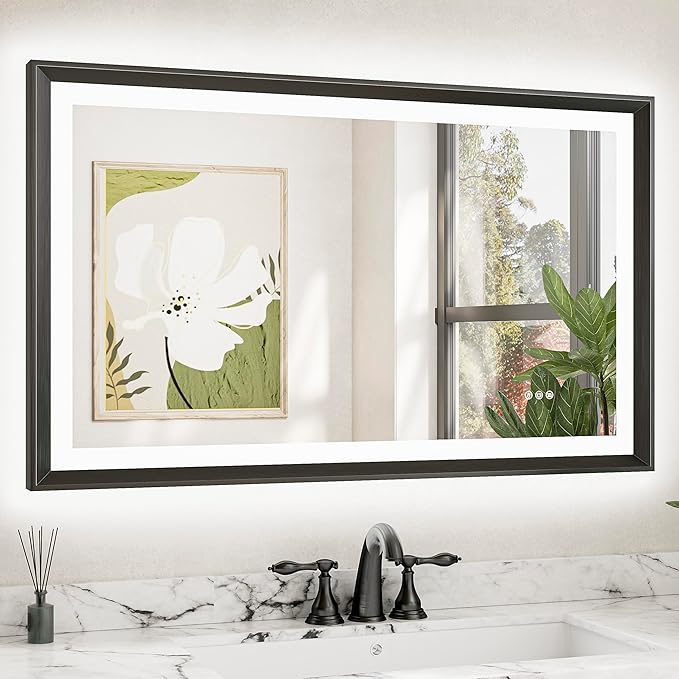 TETOTE 40x24 LED Bathroom Mirror with Lights Black Metal Framed Front & Back Light Vanity Mirror Baroque Gothic Antifog Stepless Dimmable White/Warm/Natural,CRI90+,Waterproof(Horizontal/Vertical)