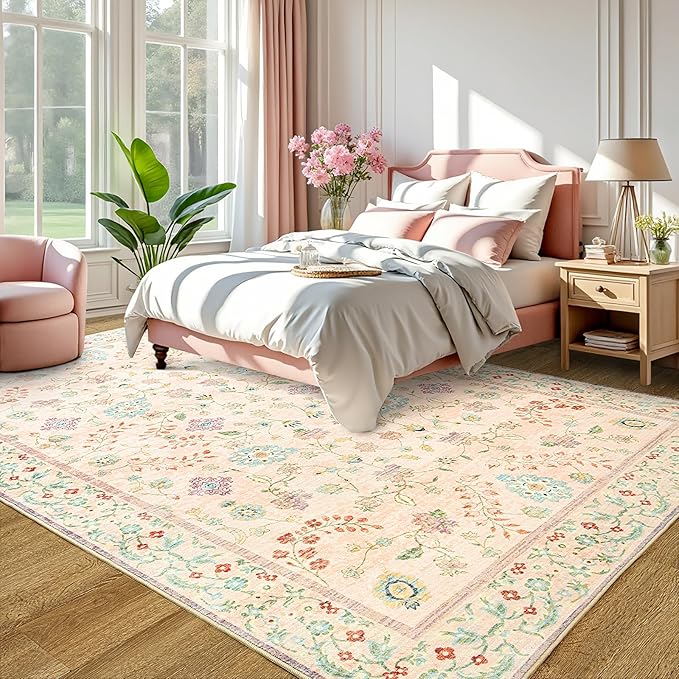 LOCHAS Washable Area Rugs 5x7, Pink Floral Rug for Living Room Bedroom Non Slip, Ultra Soft Vintage Indoor Carpet for Kids, Nursery, Dorm, Dining Room, Classroom, Boho Flower Home Decor, Low-Pile