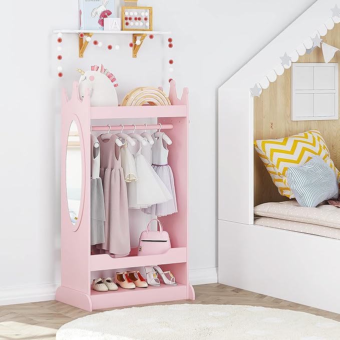 UTEX Kids Dress up Storage with Mirror,Costume Wardrobe for Kids, Open Hanging Armoire Closet,Pretend Storage Closet, Costume Storage Dresser (Pink)