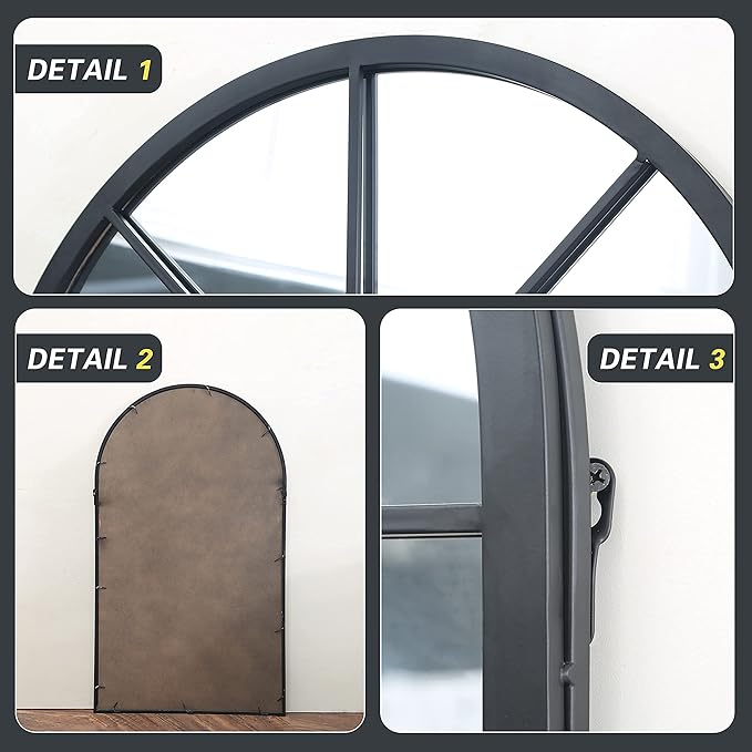 ironsmithn Arched Window Mirror, 41.3"x24" Grid Arch Mirror, Black Metal Windowpane Mirrors for Living Room Fireplace Entryway Bedroom Hallway Home Decor