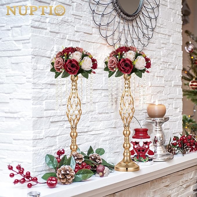 NUPTIO Artificial Flower Centrepieces for Tables - 10 Pcs Burgundy & Dusty Rose & Creamy White Fake Flowers Roses Balls 9.5in Diam - Silk Faux Rose Arrangement for Wedding Party Table Decor
