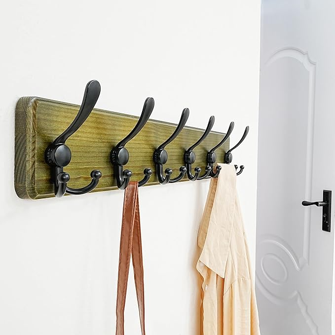 Dseap Coat Rack Wall Mounted - 24" Long 6 Tri Hooks, Heavy Duty Wooden Wall Coat Hanger Coat Hook for Clothes Hat Jacket Clothing, Weathered Green and Black, Pack of 2