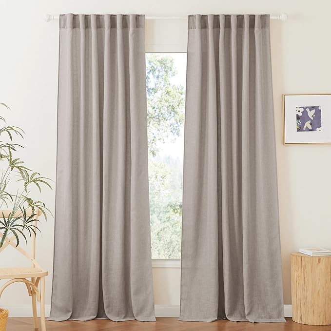 RYB HOME Linen Texture Sheer Curtains 90 inches, Rustic Style Solid Semi Sheer Half Privacy Drapes for Farmhouse Dorm Office Dining, Birch Brown, W 52 x L 90 inches, Set of 2