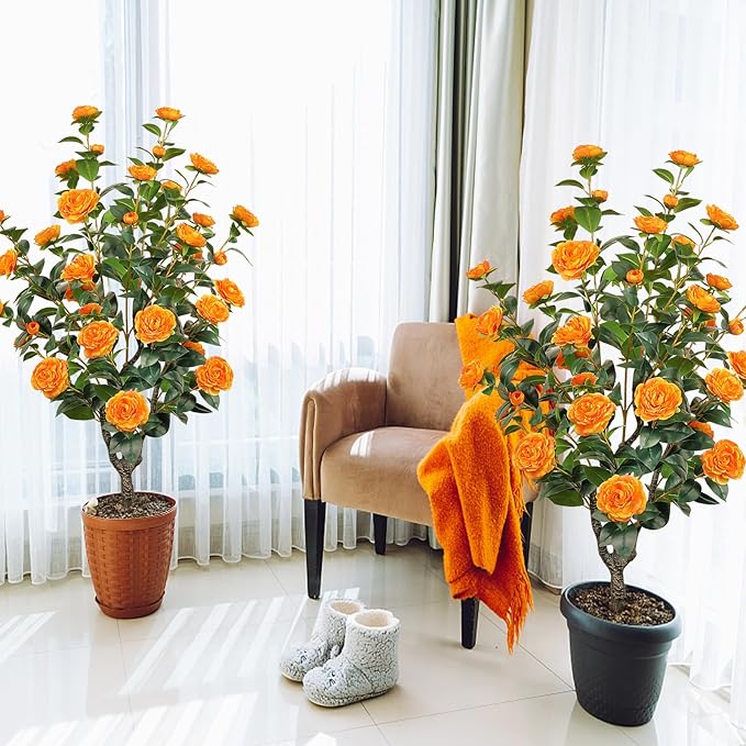 2 Pack 43.3"/3.6FT Artificial Tree with Camellia Flowers Fake Tree with 32 Blooming Flowers Orange Tree for Spring Home Front Door Outdoor Indoor Decor (Including Dried Moss)