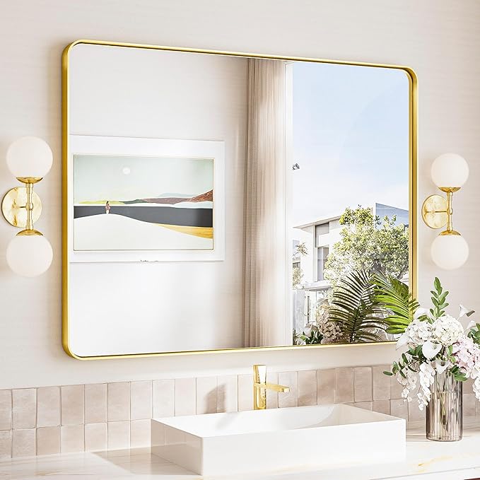 TokeShimi Brushed Gold Bathroom Mirror,40x30 Large Bathroom Mirror Rectangle,Aluminum Vanity Mirror Bathroom Wall with Tempered Glass,Modern Gold Mirror Framed(Horizontal/Vertical)