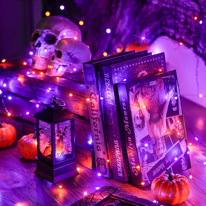 JMEXSUSS 4 Pack 50 LED Fairy Lights Battery Operated: Orange and Purple Halloween Lights - Perfect for Halloween Decorations, Parties, and Home Decorations