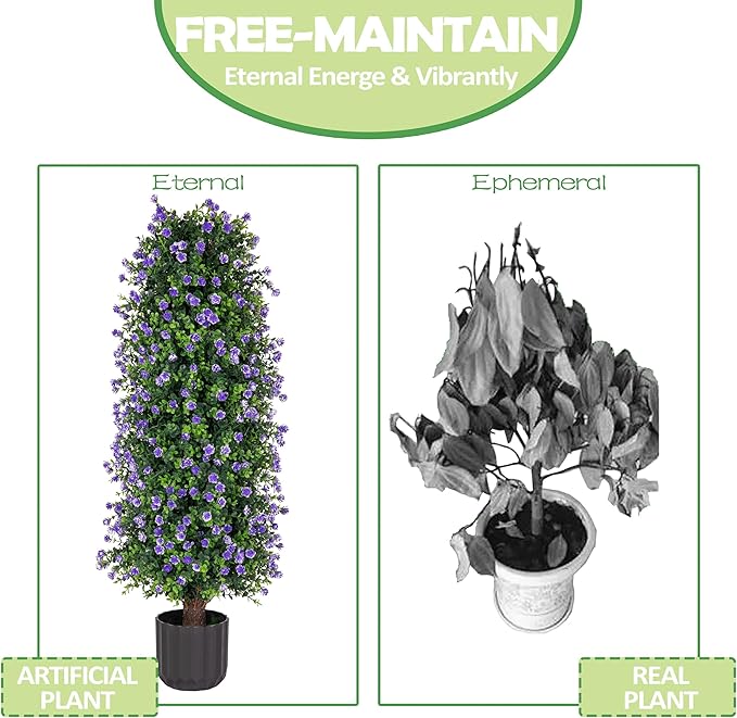 Sunnyglade 2 Packs Artificial Rose Tree 3FT- Fake Floral Plant Tree in Pot- Decorative Topiary Plant - Cement Filled Potted Faux Flower Plant for Home Office Porch Decor Indoor Outdoor (Purple)