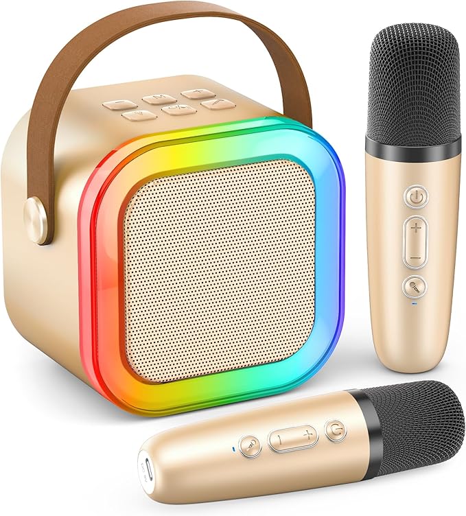Mini Karaoke Machine for Kids Adults, Portable Karaoke Microphone Singing Speaker Bluetooth Karaoke Player with 2 Wireless Mic, Birthday Gifts for Girls Boys 4-12 Year Old, Family Home Party(Gold)