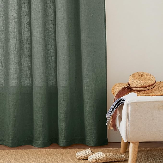 RYB HOME Olive Green Linen Sheer Curtains 84 inches, 2 Panels Rod Pocket Living Room Gauze Curtains Semi Sheer Light Filtering Drapes for Farmhouse Bedroom Office, W 52 x L 84