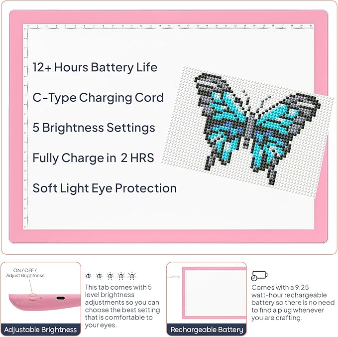 iVyne Rechargeable A4 Light Pad for Diamond Painting & Art Projects – LED Light Board with Diamond Art Accessories – Ultra-Thin & Portable Diamond Dot Light Board, Perfect for Artists - Pink