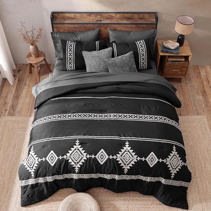 MaiRêve Embroidery Full Size Comforter Set Black, Farmhouse Western Boho Bedding Set 7 Pieces, All Season Bed in A Bag Comforter Set with Sheets, Pillowcases & Shams