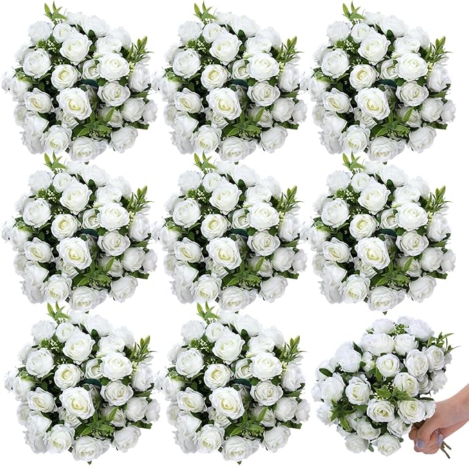 Zeyune 8 Pack 12 Inch Wedding Artificial Mini Rose Bouquet White Silk Flowers Bunches Bulk Fake for Wedding Bridal Christmas Home Office Garden Parties Decoration