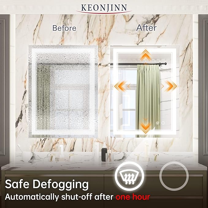 Keonjinn LED Mirror 24 x 32 Inch, Lighted Bathroom Vanity Mirror for Wall, Fronlit Only, HD Tempered Glass, UL-Listed LED Driver, Anti-Fog, Dimmale 6000K, Easy Installation(Horizontal/Vertical)