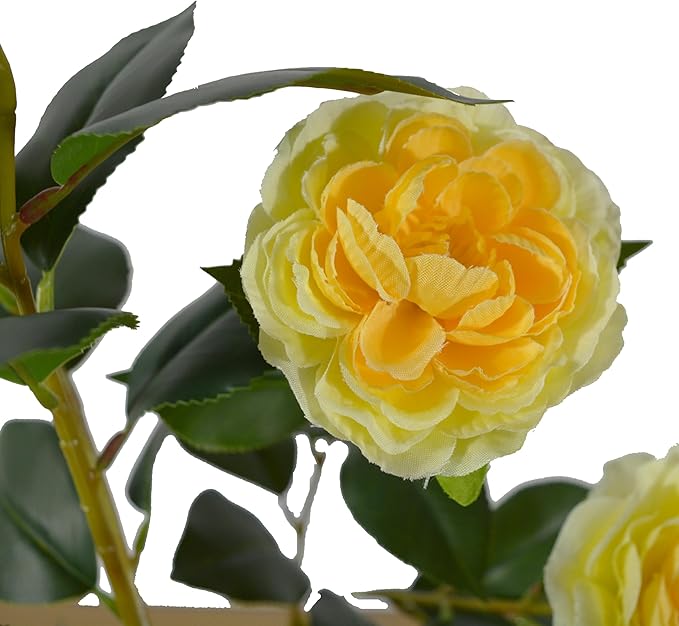 Artificial Camellia Tree 3ft, Fake Plant in White Pot, Faux Camellia Silk Flower Potted Tree for Indoor Outdoor Home Livingroom Office Decor (Yellow)