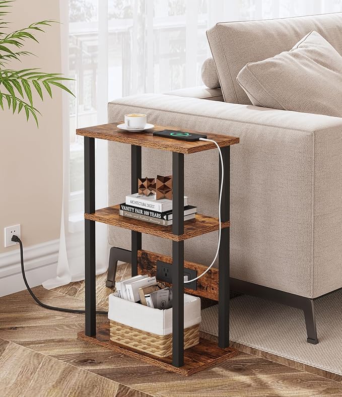 Narrow Side Table with Charging Station, 2 Set Skinny End Tables for Small Spaces, Sofa Beside-Table with Storage Shelf, Slim Nightstand with USB Ports Outlet, Couch Tables Rustic Brown UTBT003F2