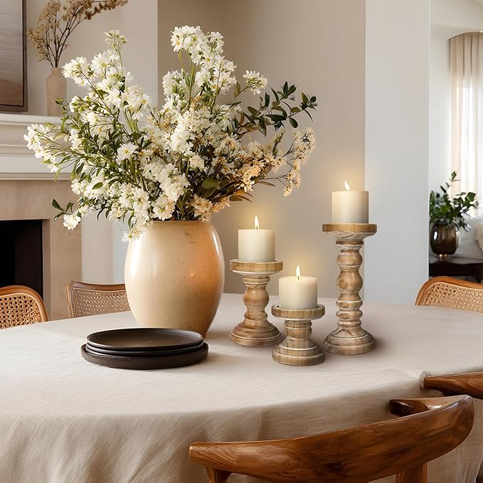 Candle Holder for Pillar Candle Set of 3, Farmhouse Wood Candle Holder, Rustic Wooden Candle Stand, Vintage Tall Candle Stand Decorative for Living Room, Table Centerpiece,Brown