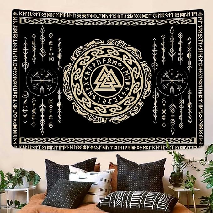 OSUNBD Nordic Viking Tapestry Wall Hanging - Large 106x70 inches Soft Flannel with Valknut, Celtic Runes & Norse Mythology Scandinavian for Bedroom, Living Room Decor