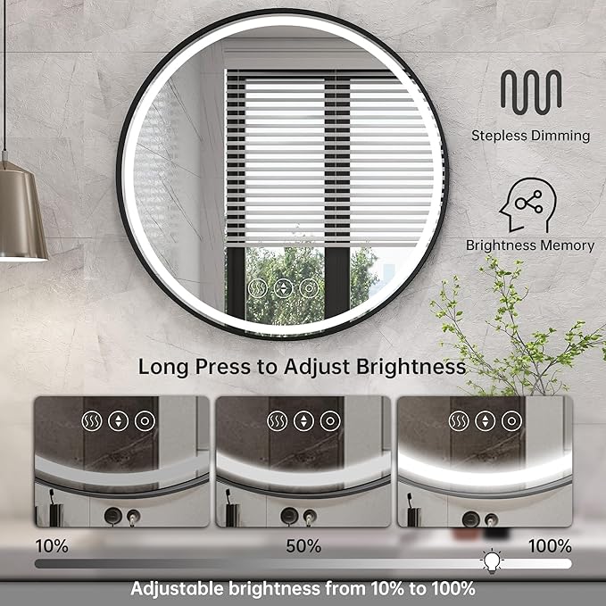 24 Inch Round Bathroom Mirror with Lights, Black Metal Framed Frontlit Circle Mirrors for Wall, Led Light Mirror with Anti-Fog, Memory Function, 3 Color Temperature, Dimmable Makeup Mirror