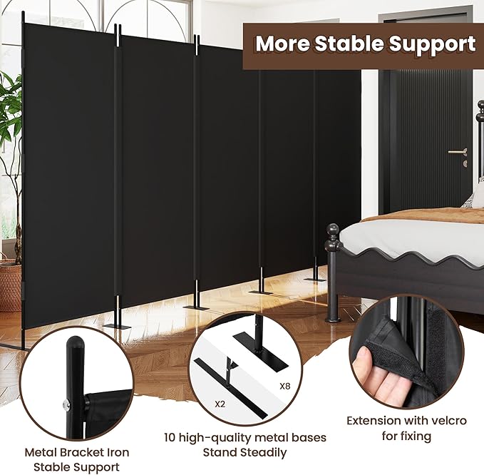 JAXPETY Room Divider 5 Panel Privacy Screen Wall Dividers for Room Separation Flexible Partition Folding Portable Room Partition for Office 145" W x 73" H, Black