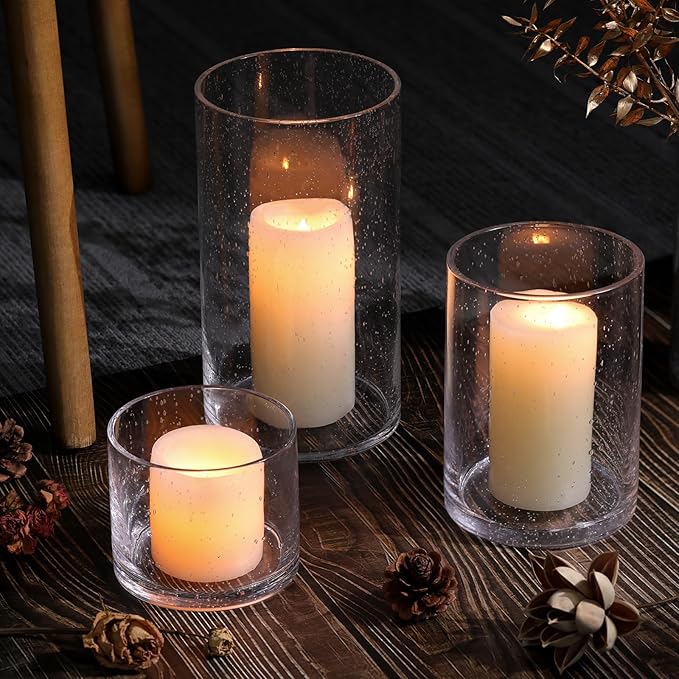 Large Hurricane Candle Holder Set of 3 Clear Candle Holders for Pillar Candles, Seeded Bubbles Glass Candle Holder for Table Centerpiece, Glass Cylinder Vases for Home, Patio and Wedding 10" 7" 4" H