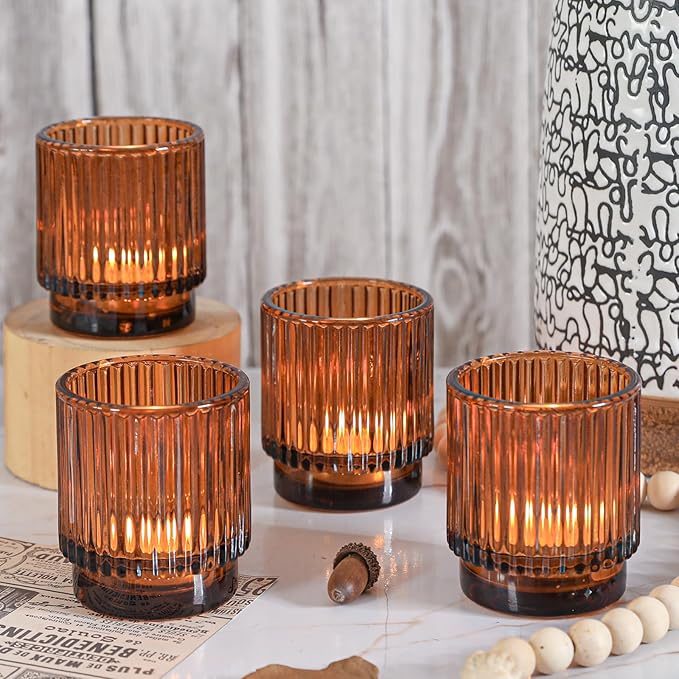 Vintage Ribbed Amber Glass Tealight & Votive Candle Holders (Set of 12), Wedding Bridal Shower Party Table Decor, Fall Decor, Boho Decor, Shelf Decoration