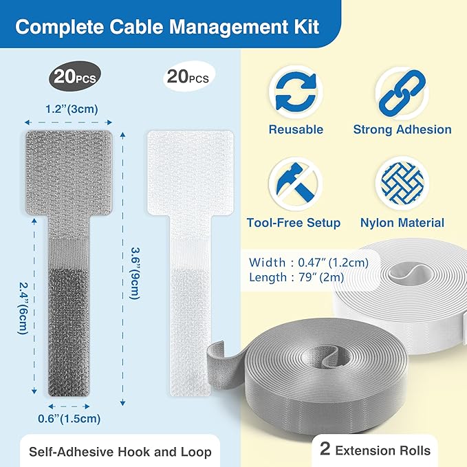 Cable Management Kit – 40 Self-Adhesive Hook & Loop Cable Ties with 2 Extension Straps, Strong Adhesive Cord Organizer for Desk, Wall, Home & Office, Adjustable Wire Holders, Grey & White