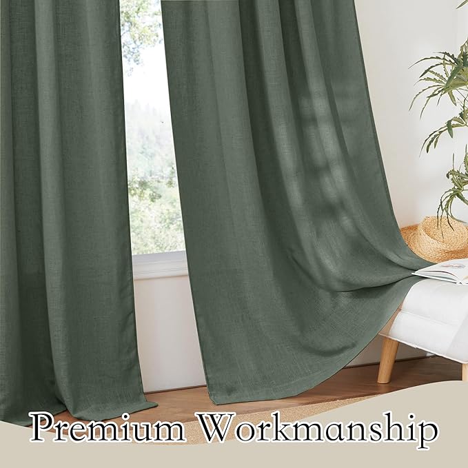 RYB HOME Linen Sheer Curtains for Living Room, Light Filtering Privacy Protection Spring Curtains for Sliding Glass Door, W 52 x L 96 inches, Hunter Green, 2 Panels Set