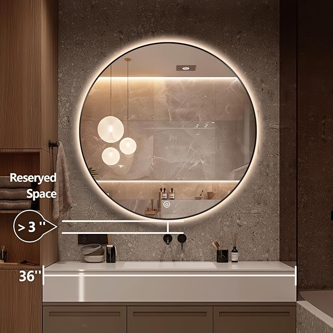 30" Round LED Bathroom Mirror, Wall Mounted Backlit Vanity Mirror with 45° Beveled Frame Lighted Mirror for Bedroom, Fog Free 3-Color Dimmable Lights Memory Function, Black