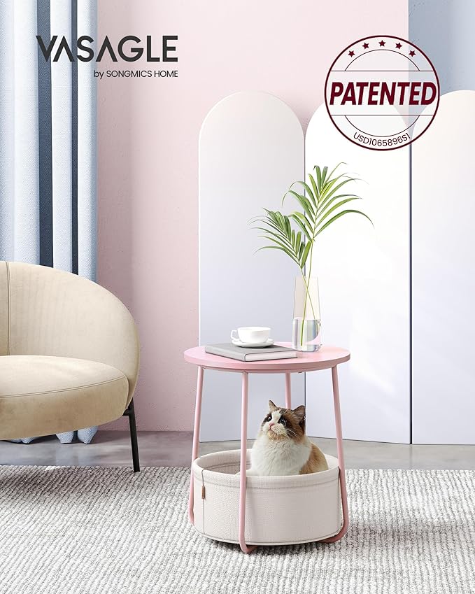 VASAGLE LILEA Collection - Small Round Side End Table, Modern Nightstand with Fabric Basket, Jelly Pink and Cream White ULET223R61