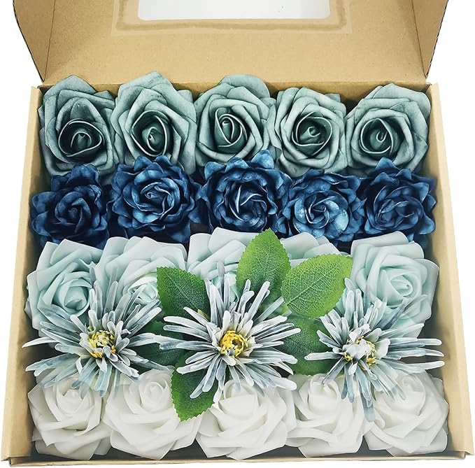 Artificial Flowers Fake Roses, Faux Plant with Stems for DIY Wedding Bouquets Bridal Shower Centerpieces Arrangements Party Tables Decorations (23, Mix Shades of Blue)