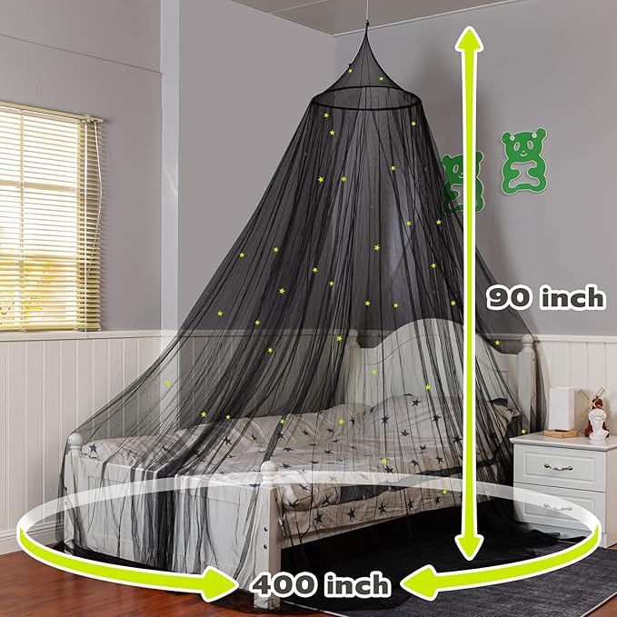 South to East Bed Canopy with Glowing Stars in The Dark, Black Bed Curtains for Kids & Toddler Beds, Twin, Full & Queen, Mosquito Net Canopy for Adult Bedrooms, Easy to Install
