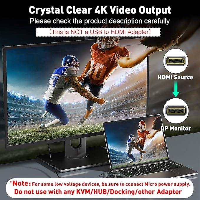 HDMI to DisplayPort Adapter (4K 60Hz,1080p 120Hz) Uni-Directional Only, HDMI (Source) to DP (Display) Converter Male to Female for Laptop,AMD,NVIDIA,PS5,Xbox and More - 1 Pack