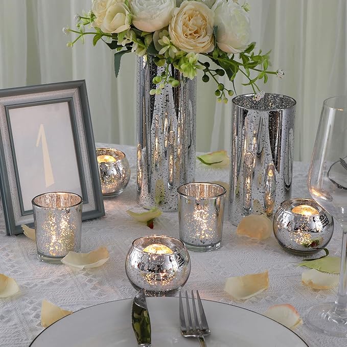 DEVI Silver Votive Tealight Candle Holders 24PCS, Mercury Glass Candle Holders for Table Centerpieces, Tea Party Wedding Table Decor