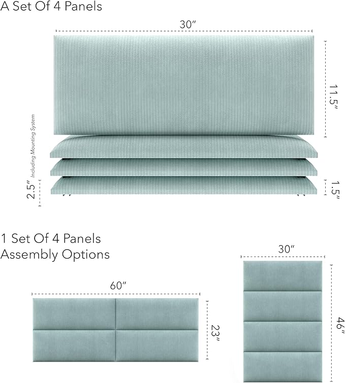 Vänt Upholstered Wall Panels - Queen/Full Size Wall Mounted Headboards - Ribbed Iceland Blue - Set of 4 Panels (Each Individual Panel 30"x11.5")