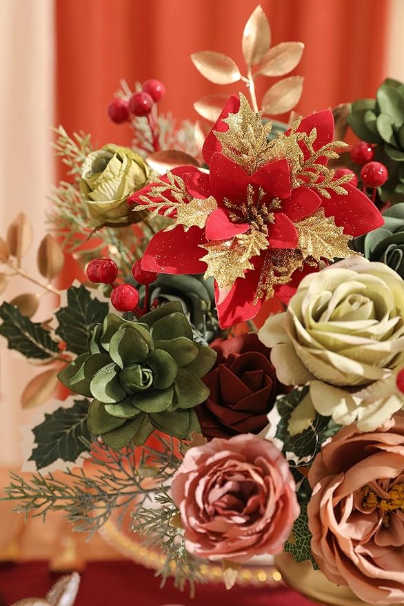 Artificial Christmas Flowers Set with Poinsettia, Fake Roses, Greenery Leaves & Stems for DIY Christmas Decor - Wreath, Tree Ornaments, Wedding Bouquets, Centerpieces, Home Floral Arrangement