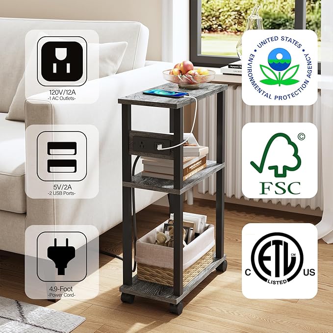 TUTOTAK Small Narrow Side Table with Charging Station, Skinny End Table for Small Spaces, Slim Nightstand with USB Ports and Outlet, Sofa Beside Table with Wheels, Charcoal Grey TB01BY046