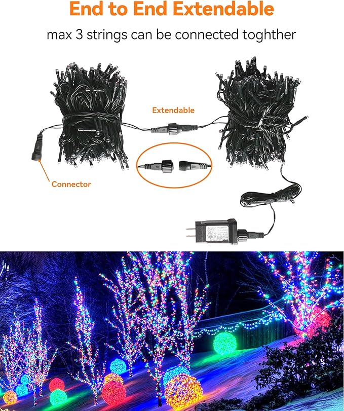 Blingstar Christmas Lights Multicolor 66 Ft 200 LED String Lights 30V Plug in Connectable Twinkle Lights 8 Modes Bright Green Wire Decorative Lights for Indoor Outdoor Xmas Tree Bedroom Holiday Party
