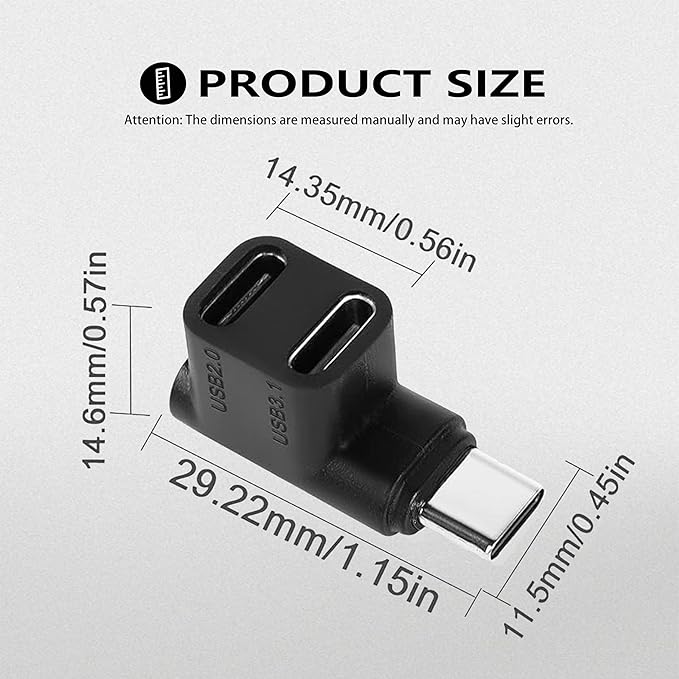 FUSIONWIS 1 to 2 USB 3.1 C 90 Degree Adapter 10Gbps USB Type C 3.1 Male to USB C 3.1 +USB C 2.0 Dual Female Right Angle Connector Support 100W Fast Charge,Data Transfer and 4K60Hz Resolution-2PCS