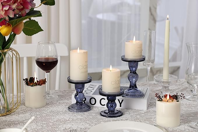 GMWD 3 Pcs Glass Candle Holder Set Clear, Blue Candlesticks Holders Pillar Taper Candles Tealight Stand for Wedding Centerpieces Home Decorations Dining Table
